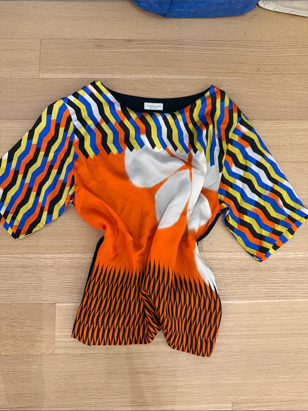 Dries Van Noten Orange, Blue & Yellow Patterned Silk Blouse